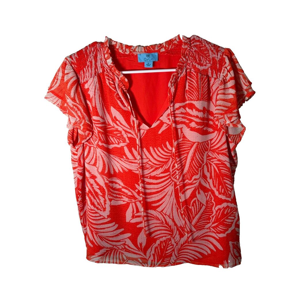 Cece Blouse Women's Medium V-Neck Ruffle Floral Boho Printed Casual Top